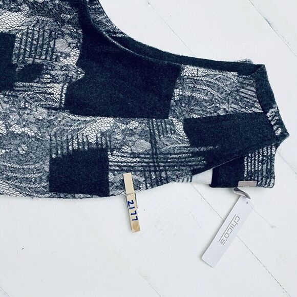 NEW Chico’s Womens Lace Overlay Jenna Vest Black Gray Open Front Vest Size 1/Med - Picture 16 of 16